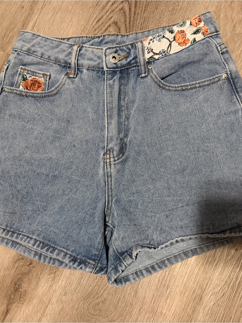 Women’s Light Blue Denim Shorts with Floral Trim - Size Small Custom Shorts